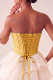 Pink Sweetheart A-Line Corset Jacquard Lace Up Back Tiered Short Ball Dress