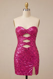 Sweetheart Fuchsia Keyhole Bodycon Sparkly Sequin Short Party Dress with Slit