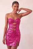Sweetheart Fuchsia Keyhole Bodycon Sparkly Sequin Short Party Dress with Slit