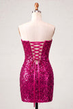 Sweetheart Fuchsia Keyhole Bodycon Sparkly Sequin Short Party Dress with Slit