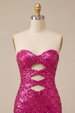 Sweetheart Fuchsia Keyhole Bodycon Sparkly Sequin Short Party Dress with Slit