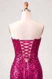 Sweetheart Fuchsia Keyhole Bodycon Sparkly Sequin Short Party Dress with Slit