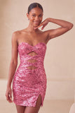 Sweetheart Fuchsia Keyhole Bodycon Sparkly Sequin Short Party Dress with Slit