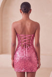 Sweetheart Fuchsia Keyhole Bodycon Sparkly Sequin Short Party Dress with Slit