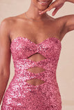 Sweetheart Fuchsia Keyhole Bodycon Sparkly Sequin Short Party Dress with Slit