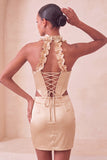 Halter Corset Bodycon Mint Green Ruched Short Party Dress with Slit