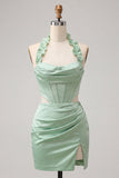 Halter Corset Bodycon Mint Green Ruched Short Party Dress with Slit