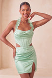 Halter Corset Bodycon Mint Green Ruched Short Party Dress with Slit