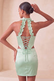 Halter Corset Bodycon Mint Green Ruched Short Party Dress with Slit