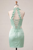 Halter Corset Bodycon Mint Green Ruched Short Party Dress with Slit
