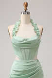 Halter Corset Bodycon Mint Green Ruched Short Party Dress with Slit