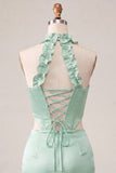 Halter Corset Bodycon Mint Green Ruched Short Party Dress with Slit