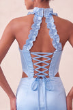 Halter Corset Bodycon Mint Green Ruched Short Party Dress with Slit