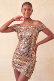 Sparkly Champagne Off The Shoulder Bodycon Short Party Dress with Sequins