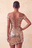 Sparkly Champagne Off The Shoulder Bodycon Short Party Dress with Sequins