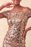 Sparkly Champagne Off The Shoulder Bodycon Short Party Dress with Sequins