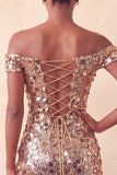Sparkly Champagne Off The Shoulder Bodycon Short Party Dress with Sequins