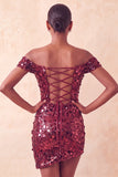 Sparkly Champagne Off The Shoulder Bodycon Short Party Dress with Sequins