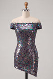Sparkly Champagne Off The Shoulder Bodycon Short Party Dress with Sequins