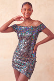 Sparkly Champagne Off The Shoulder Bodycon Short Party Dress with Sequins