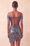 Sparkly Champagne Off The Shoulder Bodycon Short Party Dress with Sequins