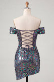 Sparkly Champagne Off The Shoulder Bodycon Short Party Dress with Sequins