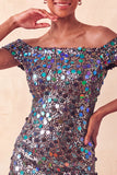 Sparkly Champagne Off The Shoulder Bodycon Short Party Dress with Sequins