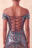 Sparkly Champagne Off The Shoulder Bodycon Short Party Dress with Sequins