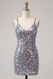 Sparkly Silver Bodycon Lace Up Back Short Party Dress with Sequins