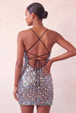 Sparkly Silver Bodycon Lace Up Back Short Party Dress with Sequins