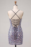 Sparkly Silver Bodycon Lace Up Back Short Party Dress with Sequins