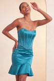 Strapless Bodycon Lake Blue Beaded Short Party Dress with Ruffles