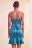 Strapless Bodycon Lake Blue Beaded Short Party Dress with Ruffles