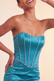 Strapless Bodycon Lake Blue Beaded Short Party Dress with Ruffles