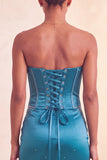 Strapless Bodycon Lake Blue Beaded Short Party Dress with Ruffles
