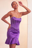 Strapless Bodycon Lake Blue Beaded Short Party Dress with Ruffles