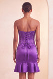 Strapless Bodycon Lake Blue Beaded Short Party Dress with Ruffles
