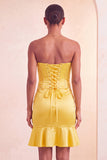 Strapless Bodycon Lake Blue Beaded Short Party Dress with Ruffles