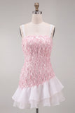 Pink Bodycon Ruffled Short Sequin Short Party Dress with Lace Up Back