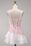 Pink Bodycon Ruffled Short Sequin Short Party Dress with Lace Up Back