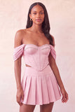 Off The Shoulder Light Pink Corset Pleated 2 Piece Short Party Dress with Beading