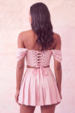 Off The Shoulder Light Pink Corset Pleated 2 Piece Short Party Dress with Beading
