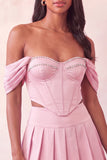 Off The Shoulder Light Pink Corset Pleated 2 Piece Short Party Dress with Beading