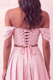 Off The Shoulder Light Pink Corset Pleated 2 Piece Short Party Dress with Beading