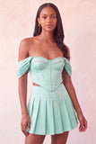 Off The Shoulder Light Pink Corset Pleated 2 Piece Short Party Dress with Beading