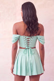 Off The Shoulder Light Pink Corset Pleated 2 Piece Short Party Dress with Beading