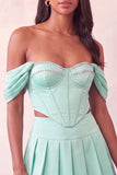 Off The Shoulder Light Pink Corset Pleated 2 Piece Short Party Dress with Beading