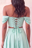 Off The Shoulder Light Pink Corset Pleated 2 Piece Short Party Dress with Beading