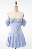 Off The Shoulder Light Pink Corset Pleated 2 Piece Short Party Dress with Beading
