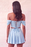 Off The Shoulder Light Pink Corset Pleated 2 Piece Short Party Dress with Beading
